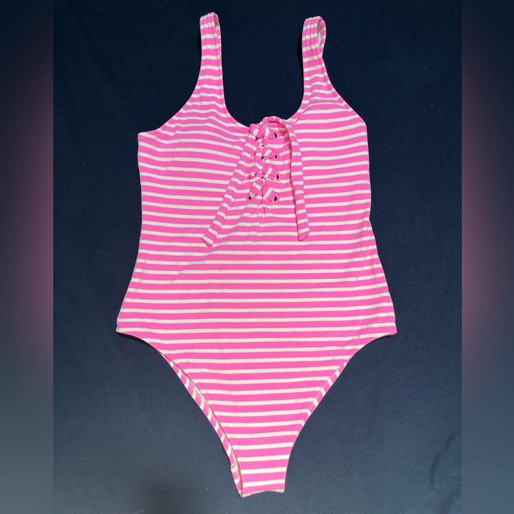 Aerie Pink and White One Piece Swimsuit with Lace-Up Detail